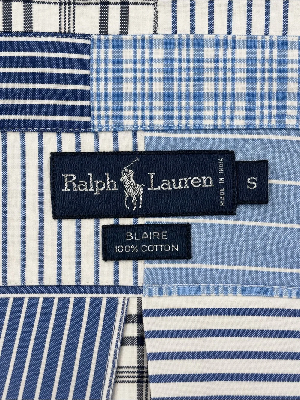 Vintage Ralph Lauren Blaire Blue White Grey Plaid Madras Patchwork LS Shirt SM